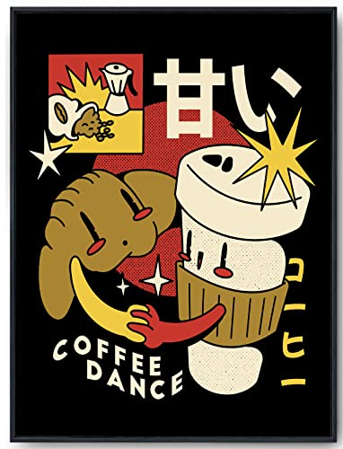 JOPRICO Retro Japan Essen Poster - Croissant und Kaffee - Küchenposter - Japan Kunstdruck vintage