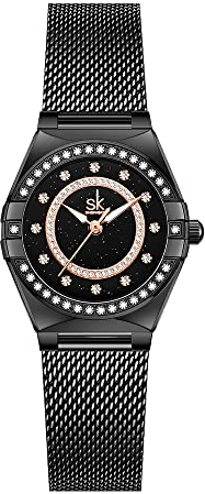 SHENGKE SK Fashion Damenuhren mit Kristall-Diamanten Damen-Armbanduhr mit echtem Leder- und Edelstahlband.Black (Black Mesh)