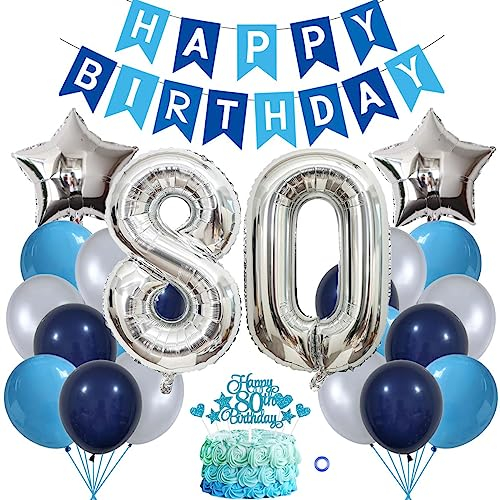 Jxuzh 80. Geburtstag Dekorationen Blau Silber - Deko für Männer und Frauen - Luftballons, Girlande, 80 Jahre Kindergeburtstag Set