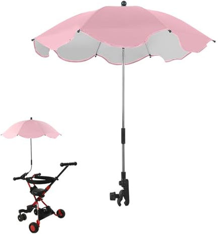 Sonnenschirm Sonnenschutz für Kinderwagen, Kinderwagen-Sonnenschirm mit Universalclip Durchmesser 78 cm, 360°Verstellbar, UV Schutz 50+, Sonnenschirm Kinderwagen für Rund- und Ovalrohre (Rosa)