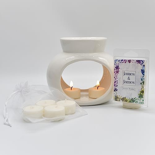 James & James Large Wax Melt Burner Set | Large Wax Melt Burner x1, Tealights x4, Soy Wax Melts x6 | Eco Friendly, Strong Scented, Hand Poured | 800g (Summer Meadow)