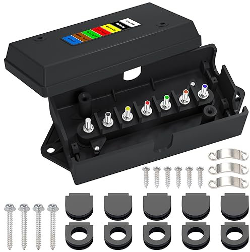 CheeMuii 7 Way Trailer Junction Box Weatherproof 7 Pin Trailer Wiring Box 7 Color-Coded Electric Wires Connection Box for RV Camper Trailer Light Rewiring