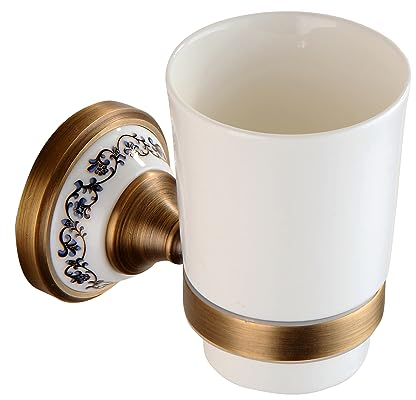 Zahnbürstenhalter aus Messing, Antik-Bronze, Becherhalter mit weißem Keramikbecher, Wandmontage, Badezimmer-Zubehör, Porzellan-Design