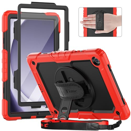 timecity Hülle für Samsung Galaxy Tab A9 Plus 11 Zoll 2023,Stoßfeste Robust Galaxy Tab A9 Plus hülle mit Displayschutzfolie, 360°Drehbarem Ständer, Handschlaufe,Schultergurt,mit Stifthalter,Rot