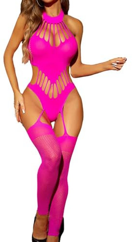 ROSVAJFY Bodystocking a rete da donna Lingerie Calze sexy senza piedi Body in pizzo senza maniche Collant in un pezzo con scollo halter (Rosa)