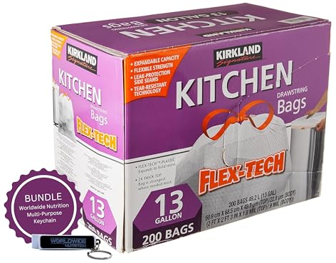 Worldwide Nutrition Ensemble compatible avec Kirkland Signature Flex-Tech Sacs poubelle de cuisine avec cordon de serrage – Capacité de 50 litres – 200 sacs polyvalents Flex-Tech finition blanche avec
