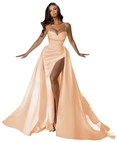 UMLXYER Spaghetti Bretelles Satin Robes De Bal pour Femmes Chérie Sirène Longue Robe De Bal Formelle Soirée Robe avec Fente Rose Gold S