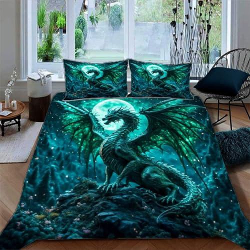 Ruiqieor Bettwäsche 155x220cm,Grüner Drache Motiv Bettwäsche Set 3teilig,1 Bettbezug+2 Kissenbezug 80x80 cm,3D Tier gedruckte Junge Mädchen Bettwäsche（#3）