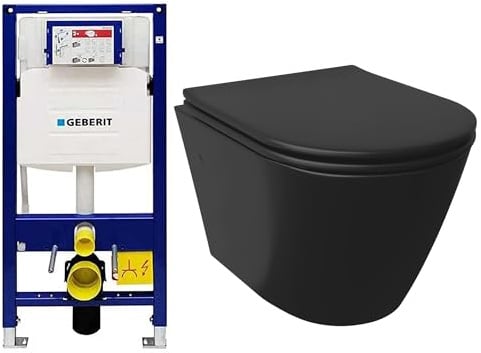 Alpenberger Wand WC Spülrandlos | Kloschüssel mit Toilettendeckel D Form | Moderne Toilette Schwarz Matt mit Geberit Spülkasten WC Vorwandelement Set | Hänge WC Komplettset