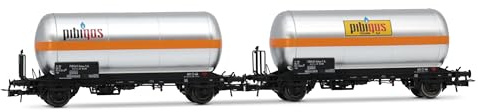 Rivarossi HR6621 FS, 2er-Packung 2-achsiger Gaskesselwagen, Silber mit orangefarbenem Streifen, „Pibigas“, Ep. IVa Rollmaterial – Waggons