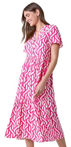 Roman Originals Shirt Dress for Women UK Ladies Short Sleeve Sleeveless Belted Collared Midi Maxi Summer Spring Smart Casual Button Evening Office A Line Swing Skater - Pink & White - Size 18