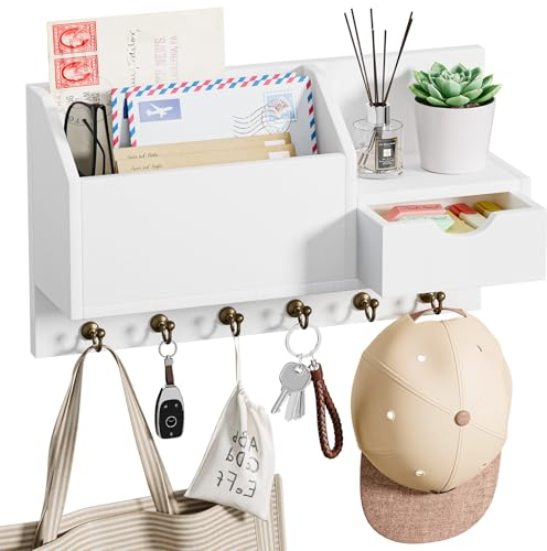 Schlüsselablage, Wandhalterung mit 6 Haken und Aufbewahrungsschublade, Schlüsselbrett Holz, Wand Schlüsselhaken, Wandregal für Schlüsselanhänger Organizer, für Eingang Wohnzimmer Flur Büro (weiß)
