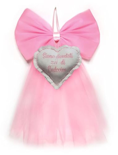 Crociedelizie, fiocco nascita siamo diventati zii bimba bimbo personalizzato in tulle rosa azzurro con ricamo ricamato elegante semplice coccarda fuori porta cuore