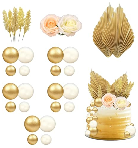 Dinghaole 30 Stück Boho Tortendeko, Kuchen Dekoration Kugel Palmblätter Kuchendekoration Tortendeko Blumen,Blumen Golden Kugeln Hochzeit Cupcake Topper DIY Geburtstag Babyparty