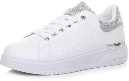 AJVANI Womens Ladies Flat Diamante Crystal Glitter Sparkly lace up Trainers Size 6 39 White Silver