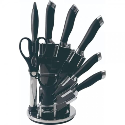 Oliver Voltz 8-teiliges Messerset mit drehbarem Acrylständer, Edelstahlklingen mit Antihaftbeschichtung (Schwarz/Silber)