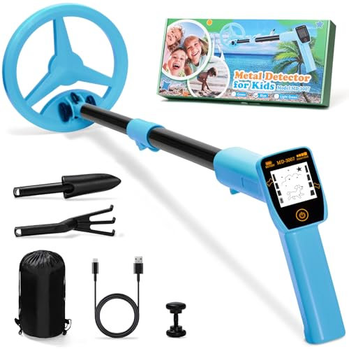 Smofrees USB Rechargeable Kids Metal Detector, Adjustable 24-34 Portable Children's Detector with Funny LCD Display for Outdoor Exploration, Blue
