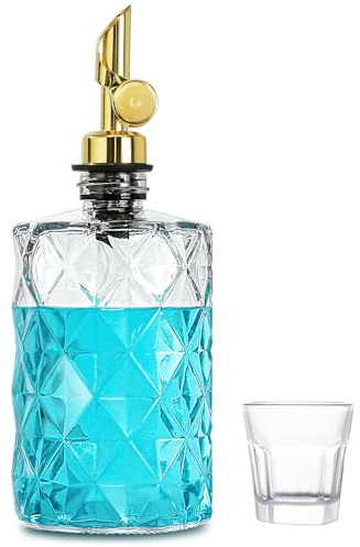 TOLDATLI Mouthwash Dispenser for Bathroom, 12 fl oz Luxury Diamond Glass Mouth Wash Dispenser Bottle with Auto-Flip Cap and Cup – Clear Glass Mouth Wash Container for Countertop, Clear, 1 Pack