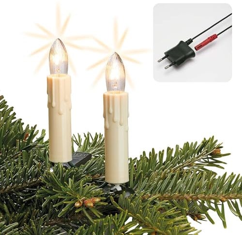 hellum 20-tlg. Lichterkette Weihnachtsbaum innen mit Wachstropfen Made in Germany mit teilbarem Stecker und 3 Ersatzkerzen, 13,30 m lange Lichterkette Weihnachtsbaum warmweiß für innen <59 lm 430141