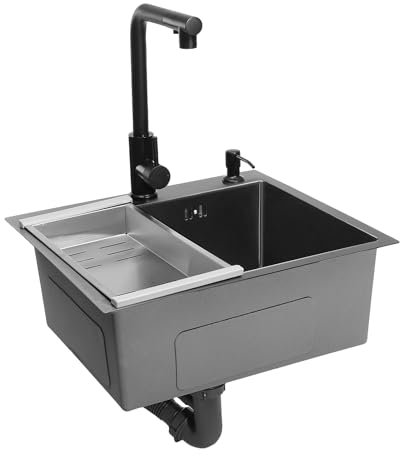 50x45cm Spüle Spülbecken Edelstahl Küchenspüle Set mit Wasserhahn und Seifenspender, Schwarz Einbauspüle Spülbecken, Spüle Küche