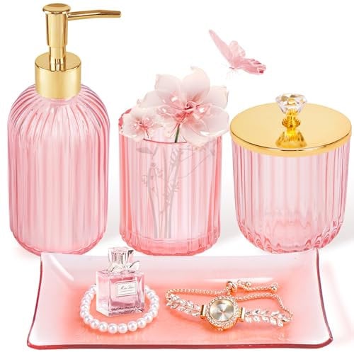 Pink Bathroom Accessories Set 4PCS Glass Bathroom Accessories Set with Soap Dispenser Toothbrush Holder Qtip Holder & Vanity Tray, Pink and Gold Bathroom Decor