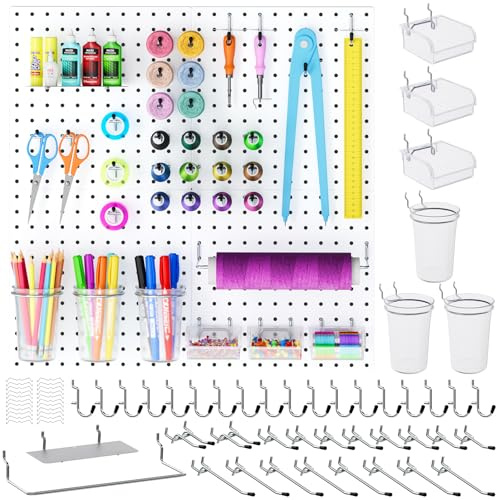 INCLY 24x24 Inch White Metal Peg Board with 1/4 Pegboard Accessories Kit | 4PCS White Peg Boards Panels and 66PCS Pegboard Hooks Bins Wall Organizer Tool Storage System for Garage Craft Room