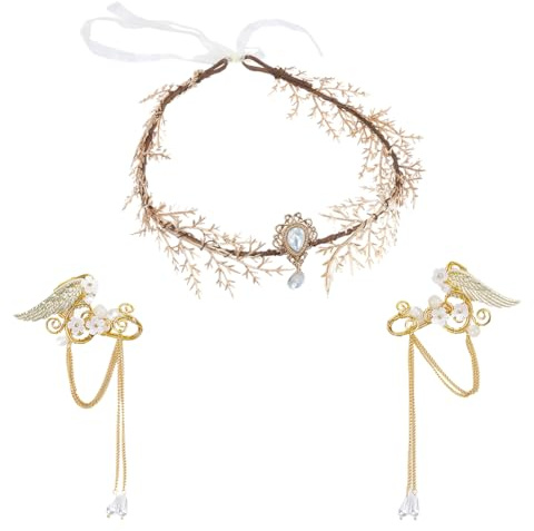 HOBBIESAY 1 Stück Feen Blumenblatt Kronen 1 Paar Elfen Ohrringe Goldene Elfen Prinzessinnen Tiara Blumenperle Elfen Ohrklemmen Für Frauen Fantasy Fee Halloween Kostüm Cosplay Hochzeit Handarbeit