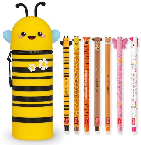 LEGAMI - Set of 7 Erasable Gel Pens + 2-in-1 Pencil Case Pen Pot - with Thermosensitive Erase Ink, Range of ink colours & barrel designs, 0.7mm Tip (Bee)