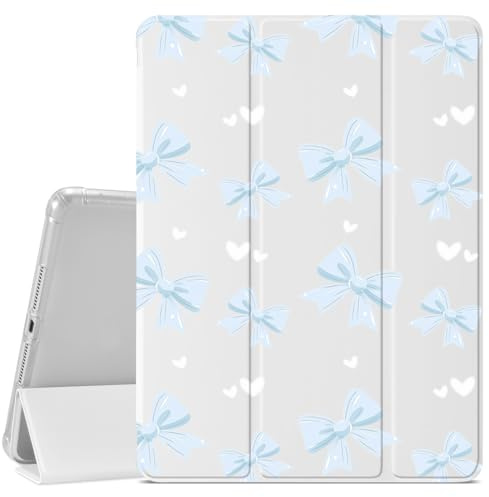 Cute Blue Bow Tie Pattern for iPad (A16) 11th Gen 2025 11-inch/10th Gen 2022 10.9 inch Cute Bow Protective Case for Girls,Pencil Holder & Clear Soft TPU Back & Trifold White Cover for Women