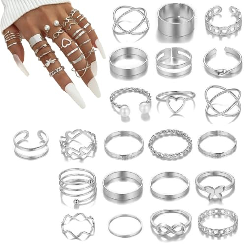WeddHuis 22 Stück Boho Gelenk Fingerringe, Stapelbare Midi Ringe Set, Silberner Vintage Stapelbarer Ring, Ideal für Geburtstagsfeiern, Abschlussbälle usw (Silberner)