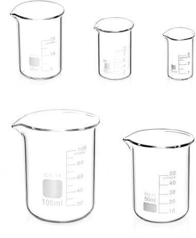 CUEMOON 5 Stück Messbecher aus Borosilikatglas mit klar, 100 ml 50 ml 25 ml 10 ml 5 ml Messbecher Borosilikatglas für Labor Experiment Medizin