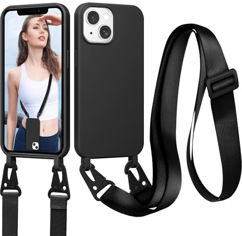 Jrkvniv Coque pour iPhone 14 avec Cordon, Collier pour Étui en Silicone Liquide avec Portable Sangle Réglable Bandouilière Lanyard Colliers, Housse Anti-Choc Case iPhone 14, Noir
