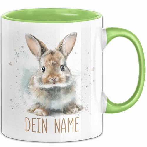 Hasen Tasse mit Namen – Personalisierte Tasse für Geburtstag Geschenkidee Junge Mädchen Ostern Namenstasse (Grün)
