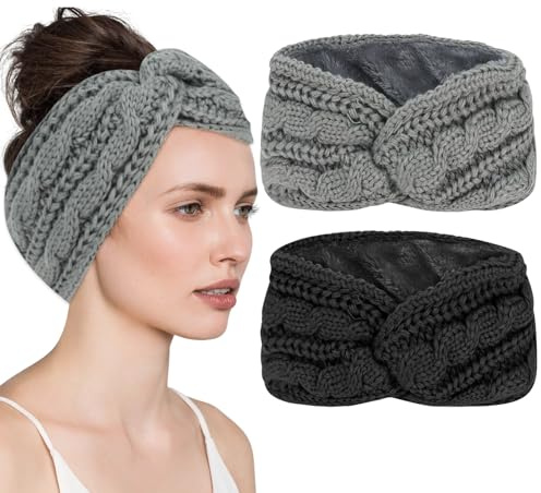 Femmes Chaud Tricoté Bandeau 2 Pcs Bandeau Cheveux femme Hiver Polaire Serre-Tête Tricoté Extra Large Serre Tete femme Élastique Bandeau Cheveux Femme Hiver Chaud Noué Bande Elastique Cheveux (A)