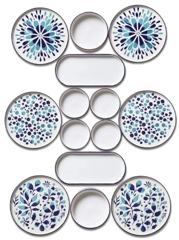 Kitchen Life 14-teiliges Frühstücksset für 6 Personen – Stackable Blue Ethnic Serie aus Kütahya Keramik – Handgefertigtes, langlebiges & stapelbares Geschirr-Set – Spülmaschinenfest & hochwertig glasi