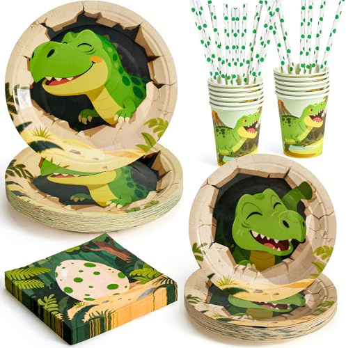 Set Piatti Usa e Getta Dinosauri, Bicchieri Piatti Carta Eleganti Fazzoletti Cannucce Jurassic Party Decorazioni Feste di Compleanno Set Compleanno Bambina Ragazzo 12 Persone