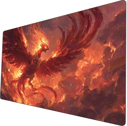 TCG Spielmatte 24×14 mit Zonenmarkierung - Premium MTG Playmat mit genähten Kanten, Rutschfester Gummirückseite & glatter Stoffoberfläche, inklusive Aufbewahrungstasche (Himmlische Flamme Phoenix)