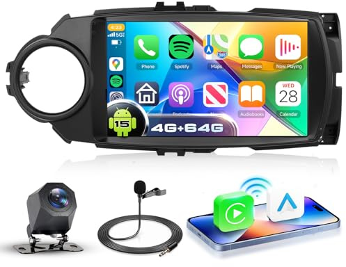 VECHTEL 4G+64G Android 15 Radio Coche para Toyota Yaris 2012-2017 (Mando Clima Sin Anillo Plateado), 9'' Incell HD Pantalla con Carplay Android Auto Inalámbrico GPS WiFi USB Bluetooth FM RDS Cámara