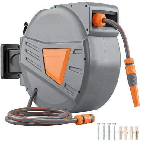 Outsunny Retractable Hose Reel Wall Mounted, 15+1.6m Garden Hose Pipe Reel with Auto Retraction, Self-Locking, Slow Return System, 180° Swivel Bracket, 2 Patterns Nozzle and Faucet Adaptors, Orange