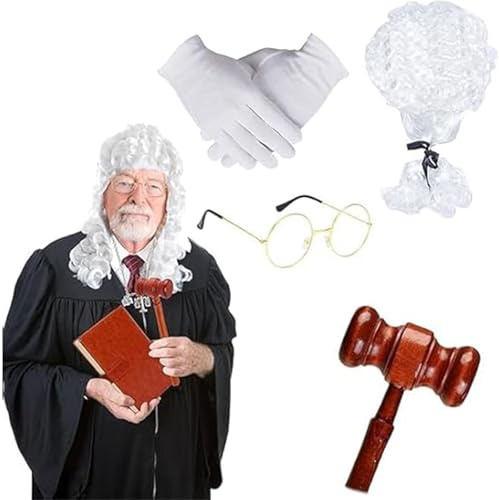 4 Pcs Judge Costume Accessories, with Wigs Glasses Wooden Hammer Gloves | Court Lawyers for Theme Parties Role-Playing Court Lawyers' Wigs Clothing Accessories