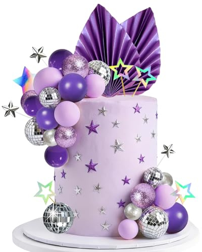 56PCS Disco Purple Ball Cake Topper Palm Leaves Star Music Cake Decorations for Wedding Birthday Baby Shower Party Cake Decoration Supplies (Purple)