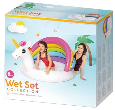 Piscina Gonfiabile Unicorno per Bambini con Parasole Arcobaleno, Fondo Morbido, PVC, 127x102x69 cm, Capacità 45L, Piscinetta Kids da Giardino e Terrazzo