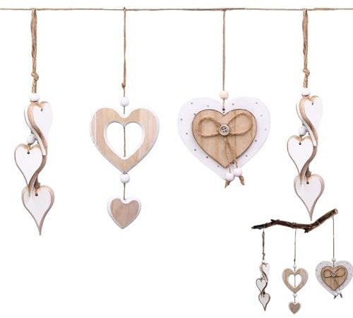 Xusxes 4 Stück Fensterdeko Hängend Holz | Herzförmige Massivholz Deko Anhänger, Deko Herzen zum Aufhängen für Wand, Fenster, Hochzeit, Zuhause und Geschenk