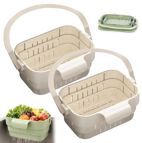2PCS Collapsible Faucet-Hanging Sink Strainer Basket, Foldable Hanging Sink Drain Basket Stretchable Kitchen Colander, Space Saving Food Strainer Basket with Drainage Holes for Fruit Vegetable (White)