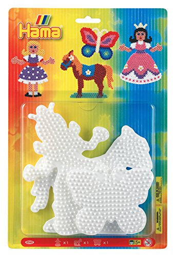 Hama Perlen 4560 Große Stiftplatten 3er Set für Midi Bügelperlen mit Durchmesser 5 mm, Motive Prinzessin, Pferd und Schmetterling in weiß, Bastelspaß für Groß und Klein