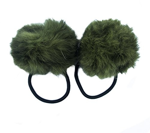 HAND® A Pair of Military Green Large Fluffy Pom Pom Elasticated Hair Bands - Pom Poms 7 cm Diameter