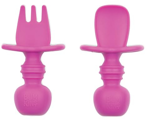 Bumkins Chewtensils - Set de tenedor/cuchara de silicona para bebé - fucsia