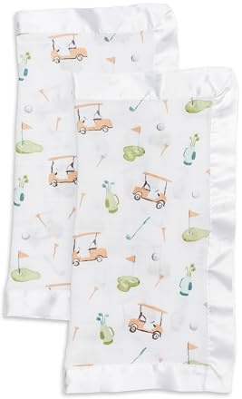 Lulujo Baby Security Lovie Blankets| Unisex Softest Breathable Cotton Muslin Security Blanket with Silky Satin Trim| Neutral Comforting Blanket for Girls & Boys | 16in by 16 in| Golf