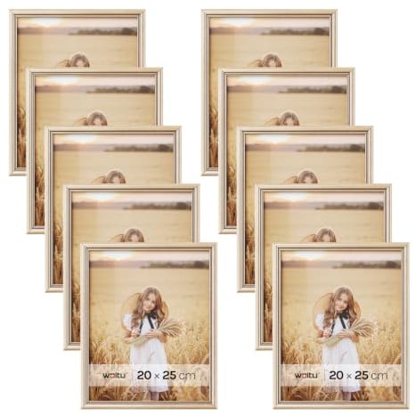 WOLTU Bilderrahmen 20x25, 10er set, Massivholz Fotorahmen mit Passepartout | Gold, Front aus PS-Platte, Posterrahmen zum vertikalen oder horizontalen Aufhängen und Aufstellen, Collage Wanddeko