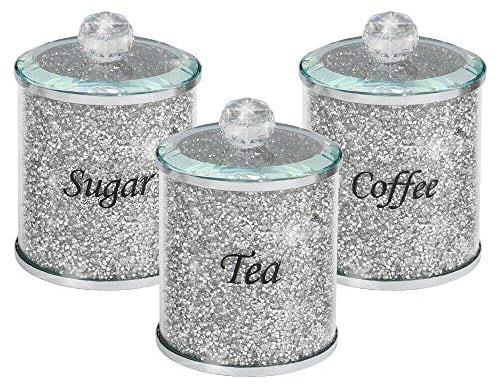 Diamond Crushed Tea Coffee Sugar Canisters Jars Kitchen Storage Silver Trimmings Crystal Filled Black Writing